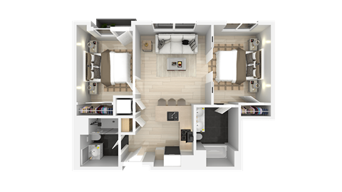 Floor plan for 2 beds, 2 baths, 798 sqft